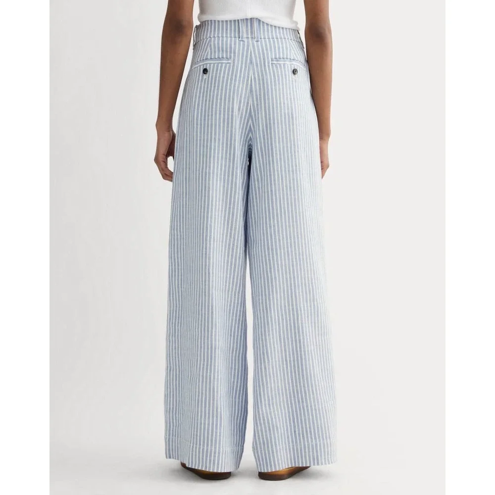 Everlane Wide Leg Pants Women Size 4 Blue White Striped Stretch Linen Flax NEW